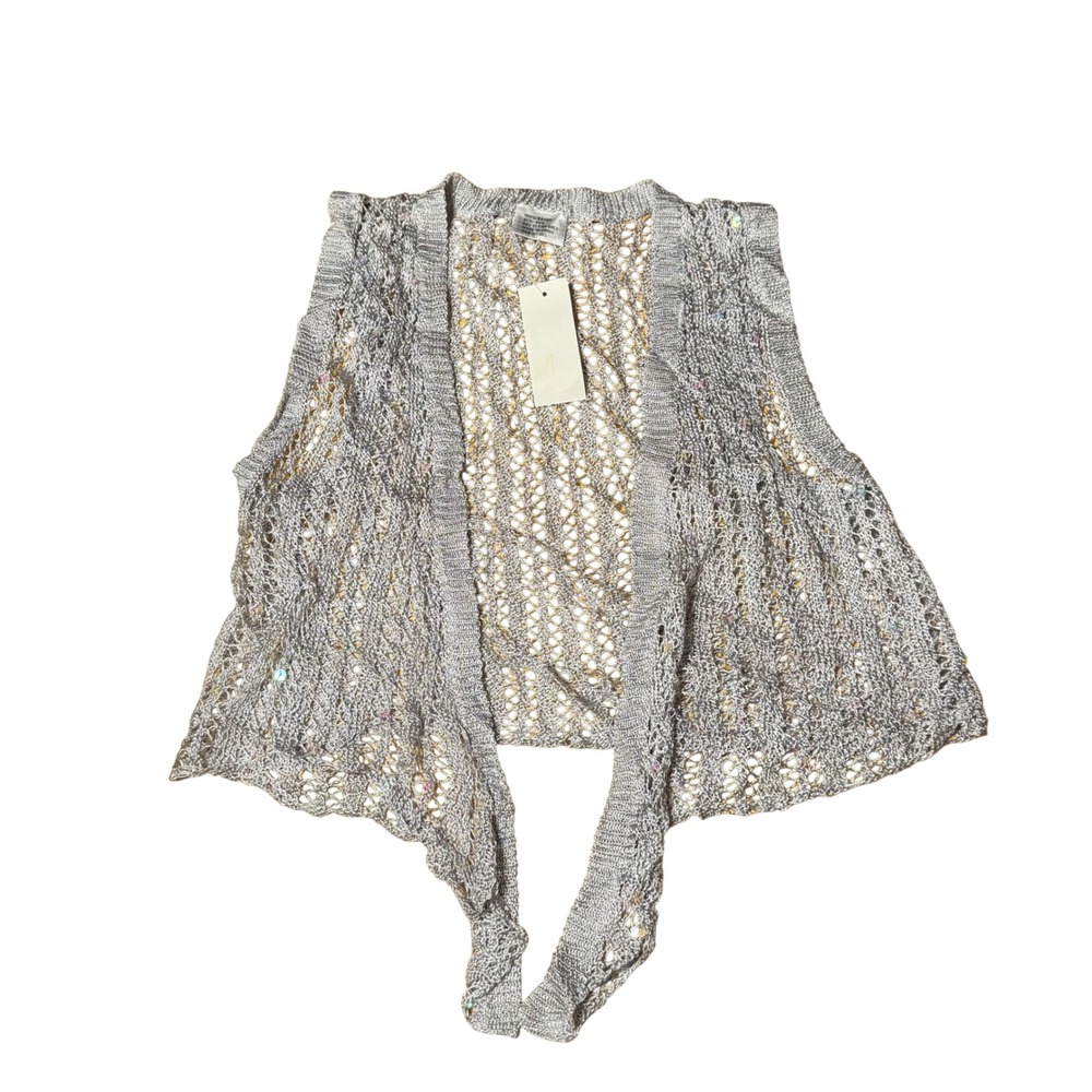 Vintage Sears Silver Crochet Knit Sequin Vest Open Front NWT